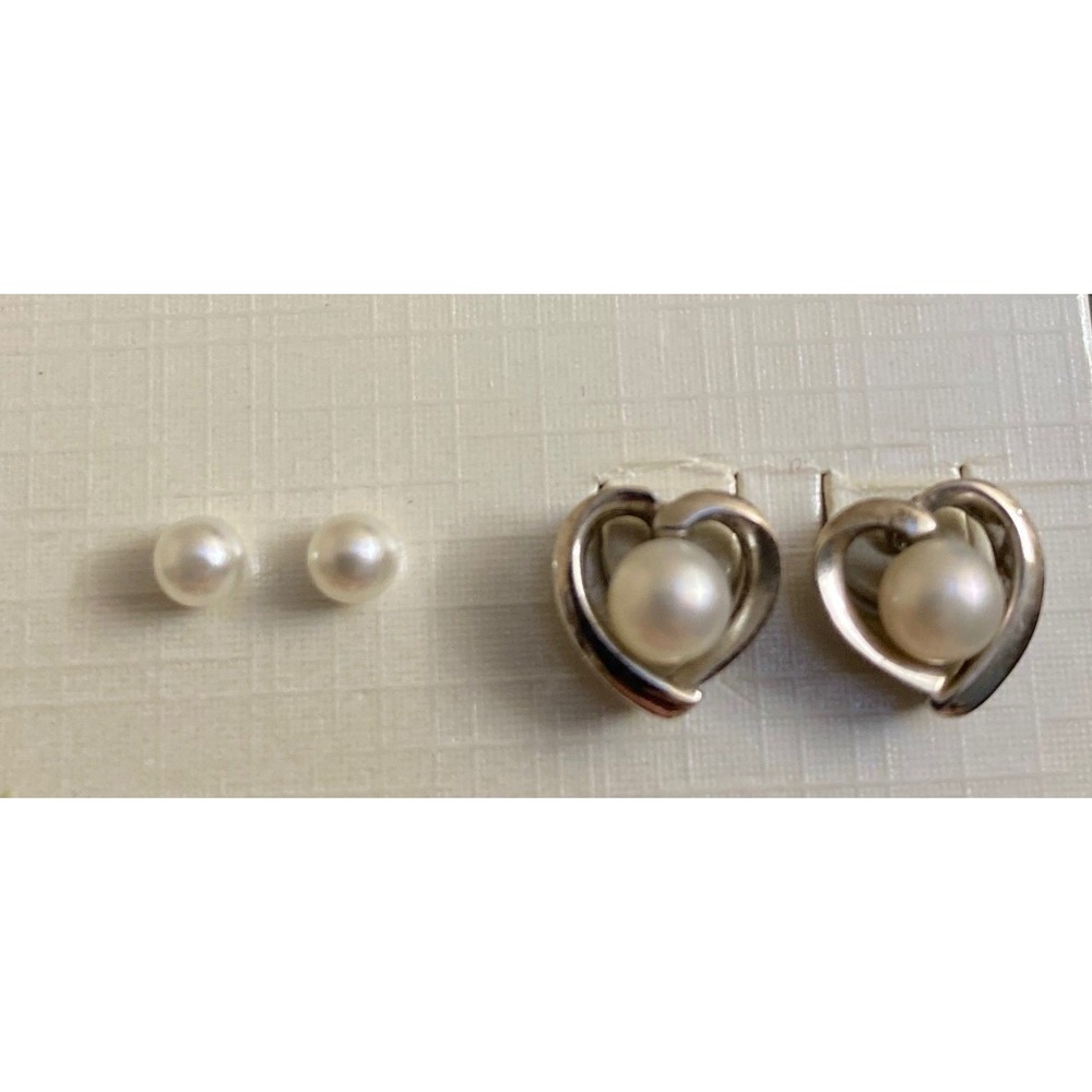 2 Pair Earring Set Faux Pearl Rhinestone Heart Small Dainty Studs Romantic
